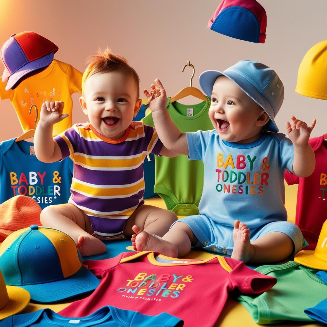 Two happy babies playing amongst colorful T-shirts and Hats.