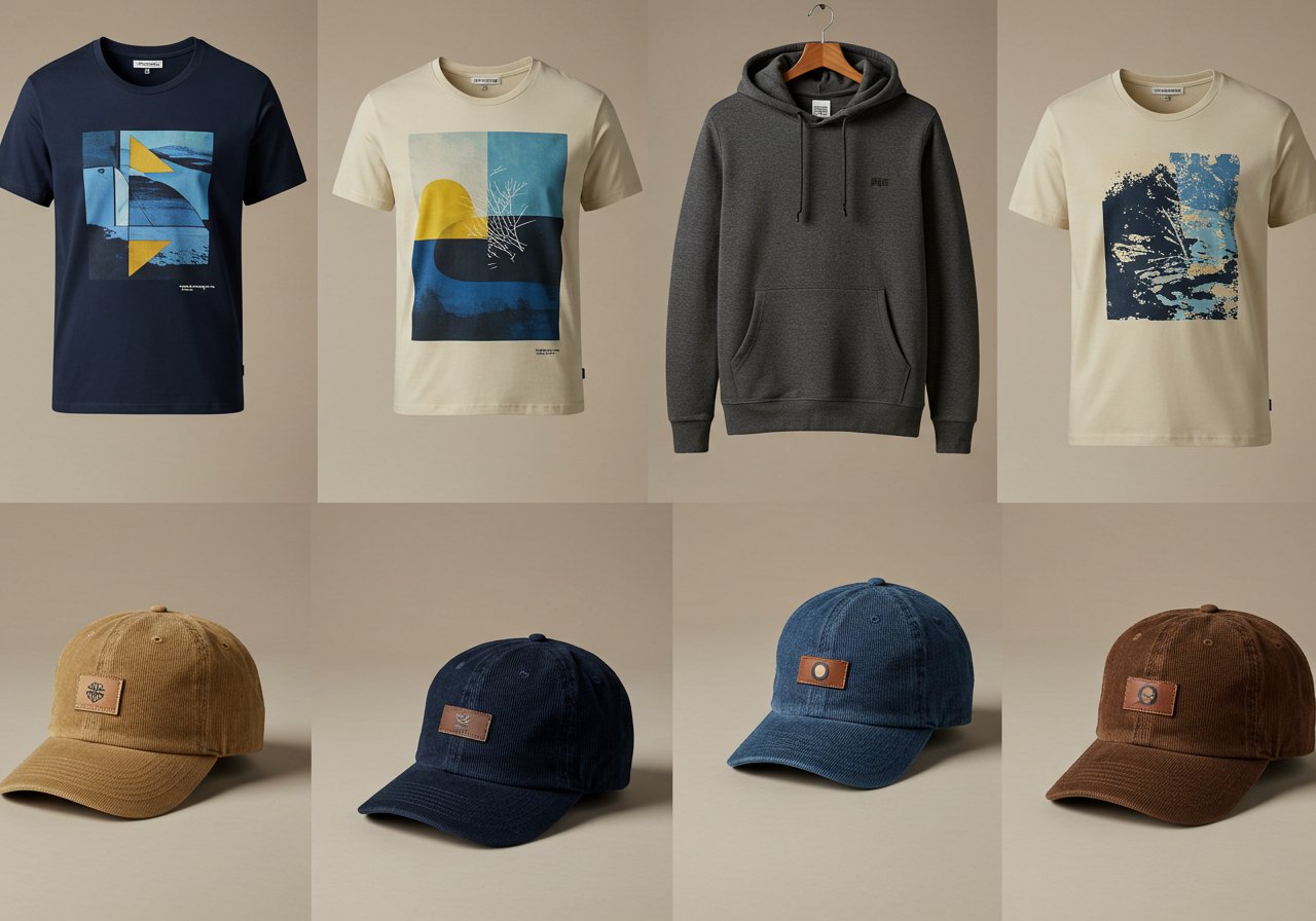 Flat lay collage of men's apparel including two t-shirts with graphic prints, a gray hooded sweatshirt, two plain t-shirts, and four baseball caps in various colors.