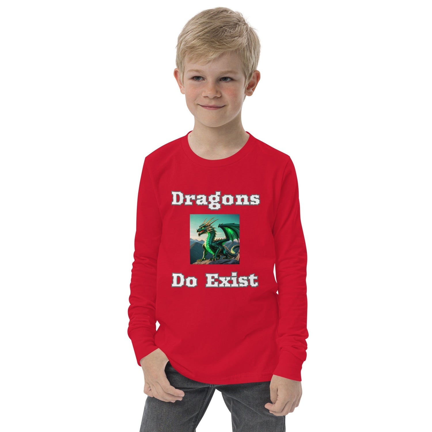 A blonde haired boy wearing bright red sweatshirt with green dragon image.  White background.